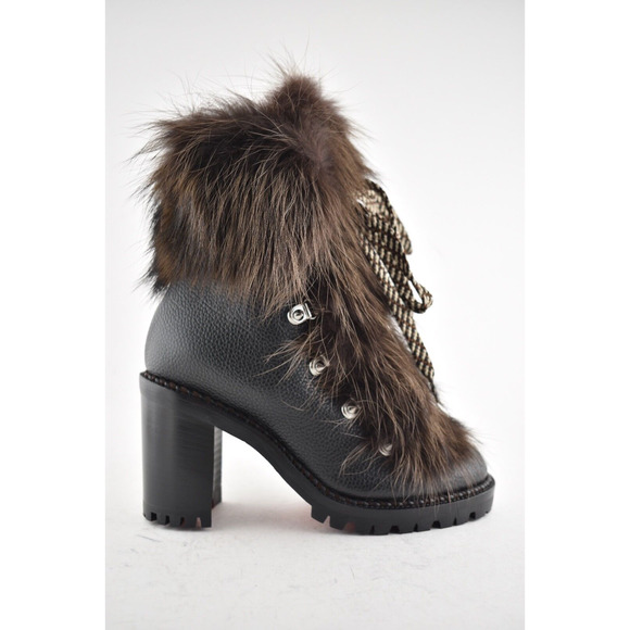 Christian Louboutin Fanny 70 Black Brown Fur Leather Tie Heel Combat Boot 34 - Picture 2 of 12